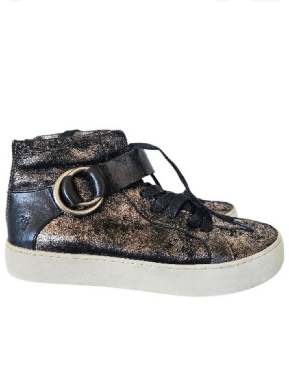 Frye Lena‎ Grunge Rock Harness High top Golden Metallic Leather Sneakers sz 7